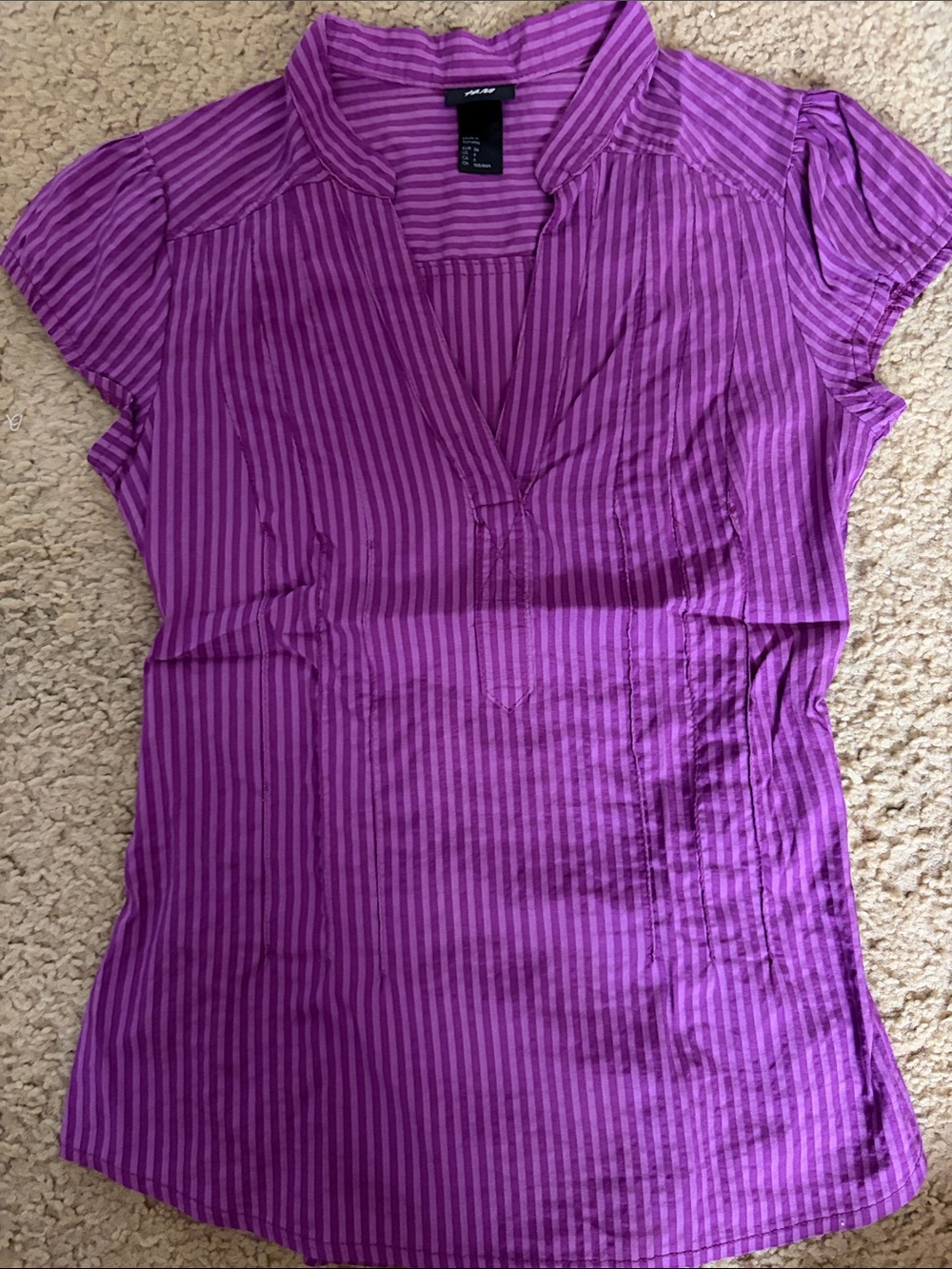 H&M Fuchsia Purple Striped V-Neck Cap Sleeve Blouse